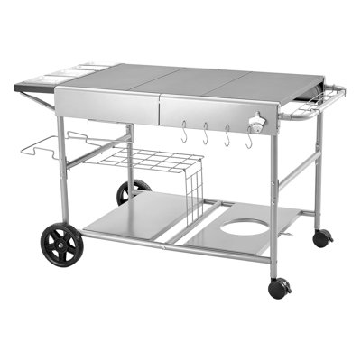Chariot de barbecue extérieur, table de cuisson de table de taille 36,4 x 23,4 x 1 po, table de cuisson extérieure mobile avec 4 contenants à épices, roues, couvercles, crochets, tables de préparation pour pique-nique, cuisine, cour