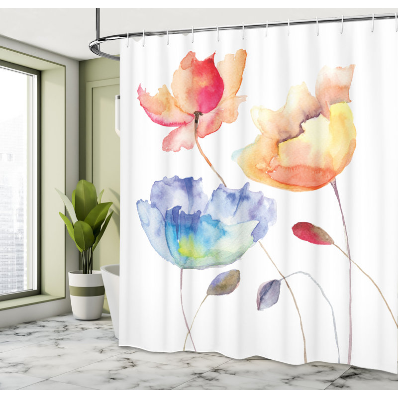Ensemble de rideau de douche à fleur aquarelle + crochets, H 84 po x l 69 po