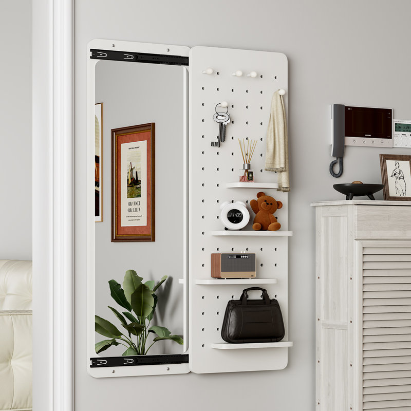 Miroir mural pleine grandeur avec tablette et crochets, Blanc