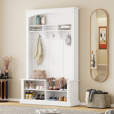 Arbre d'entrée Rafaelita avec banc et rangement pour chaussures, banc de rangement multifonctionnel avec 3 crochets de suspension