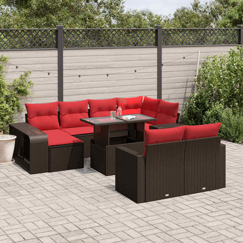 Ensemble de canapé de patio 11 pièces avec coussins en rotin de polyester, Coussin rouge / cadre brun