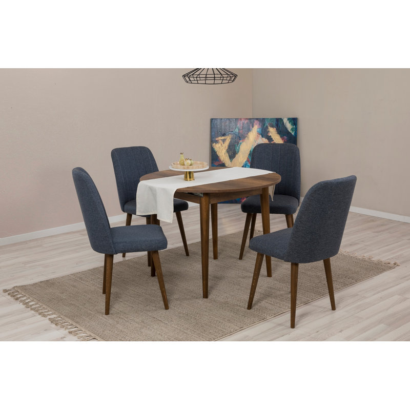 Extendable Dining Table & Chairs Set (5 Pieces), Walnut & Navy Blue, 39.4 x 29.5 x 39.4 inches (Open: 54.7 x 29.5 x 39.4 inches) | 100% Melamine Coated Particle Board, Wooden Legs | Traditional Solid Color Design for Family Gatherings