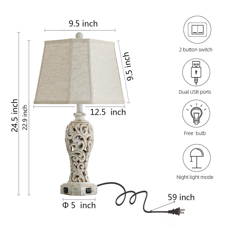 Ensemble de lampes de table sculptées en résine 24,5 "avec veilleuse et ports USB Hettel