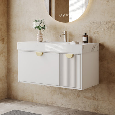Meuble-lavabo simple 36 po avec comptoir en faux marbre, meuble-lavabo flottant avec lavabo, tiroir en U et bois massif multicouche