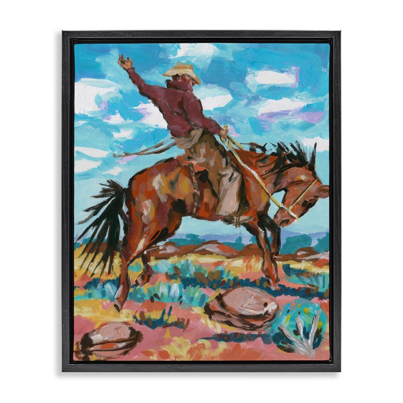 «Cowboy On Eleving Horse», art mural encadré par John Dixon, Cadre flottant noir de jais, H 21 po x l 17 po