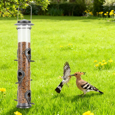 Mangeoire d'oiseaux en métal avec 6 ports d'alimentation, bac à graines transparent en plastique dur résistant aux écureuils, mangeoire d'oiseaux sauvages suspendue facile à remplir pour le jardin, la pelouse et le balcon