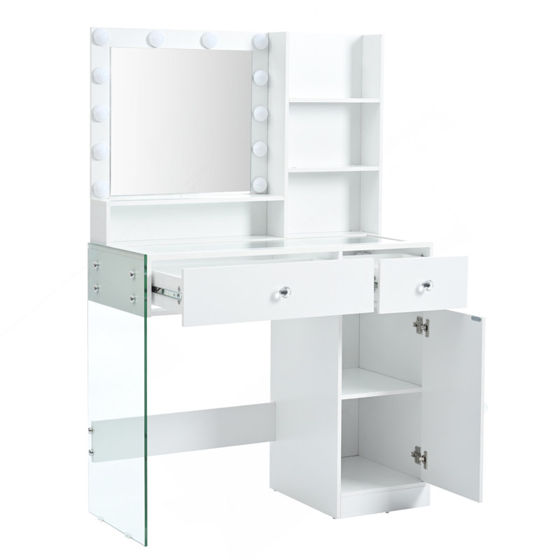 Bureau de coiffeuse avec miroir et 3 modes d'éclairage, coiffeuse de maquillage avec plateau en verre et tablettes de rangement, coiffeuse avec 2 tiroirs et armoire, blanc