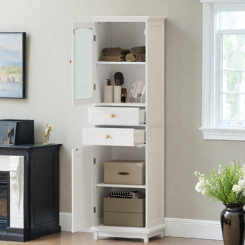 Bathroom Storage Cabinet With Glass Doors, 2 Drawers, And Adjustable Shelves, White