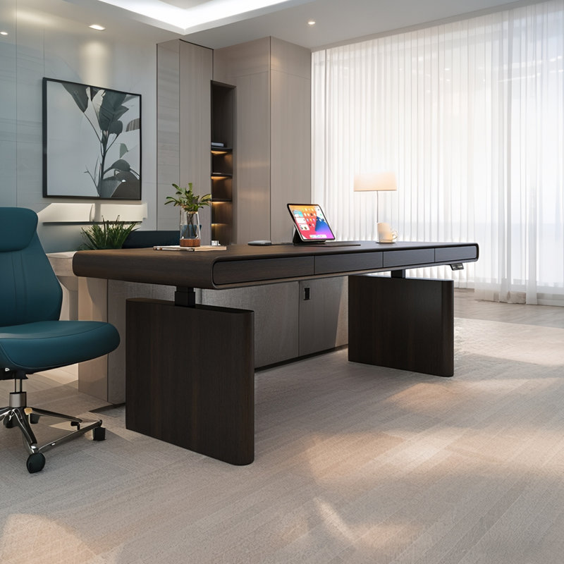 Bureau électrique à hauteur réglable de luxe avec éclairage intégré italien, disponible en finition noire et fumée, Brun