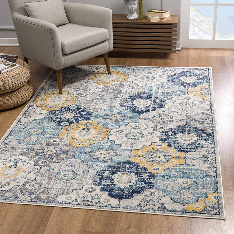 Tapis floral bleu et jaune, Tapis de couloir 2 pi x 13 pi