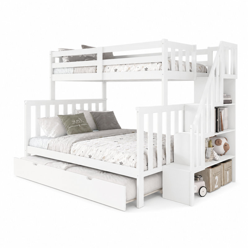Lit simple superposé au dessus d'un lit double avec lit gigogne et rangement, aucun sommier requis, blanc, Blanc