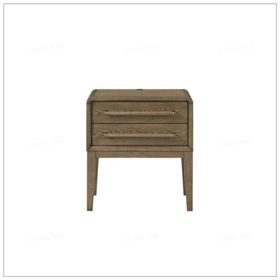 Table de chevet compacte en placage d'orme avec deux tiroirs, finition lattée douce pour des meubles de chambre à coucher polyvalents et durables
