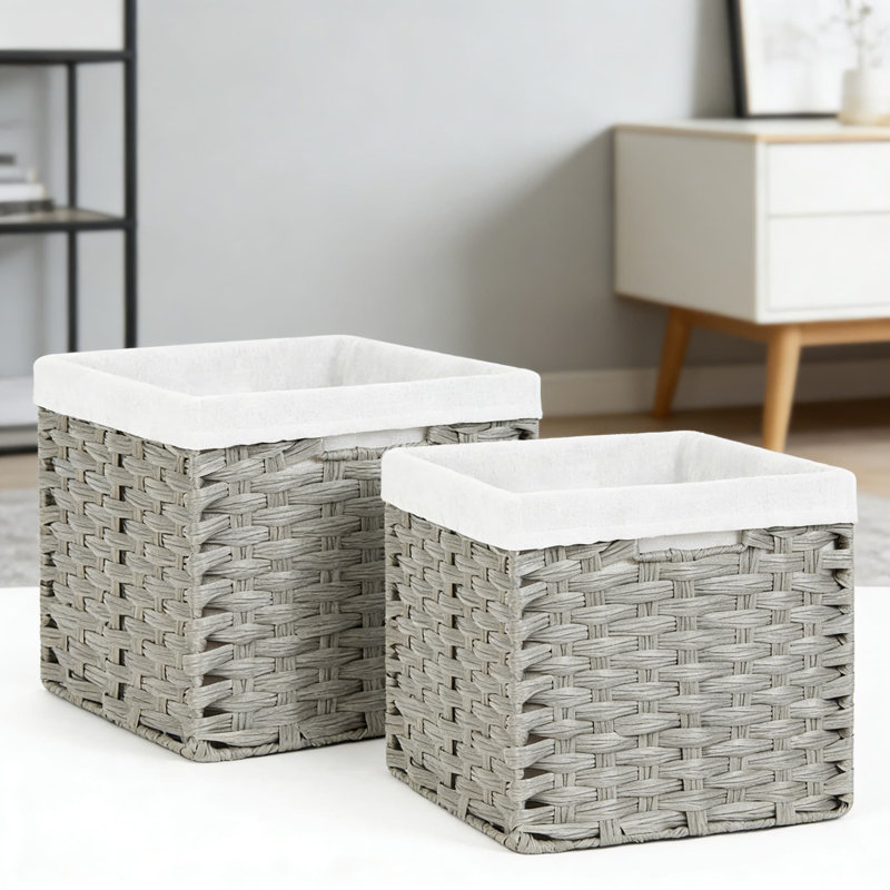 Paniers de rangement en osier avec doublures amovibles, 2 paniers de rangement décoratifs tissés à la main pour tablettes, placard, garde-manger et chambre à coucher
