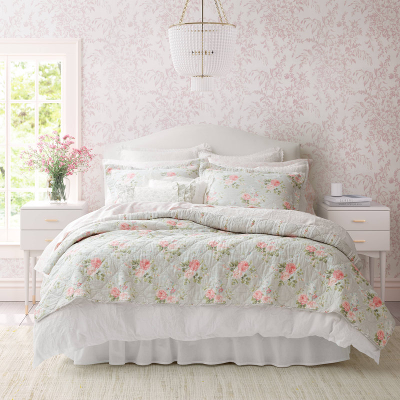 Cvc T803 Laura Ashley Pink Cotton Reversible Quilt Set, Queen Quilt + 2 Standard Shams