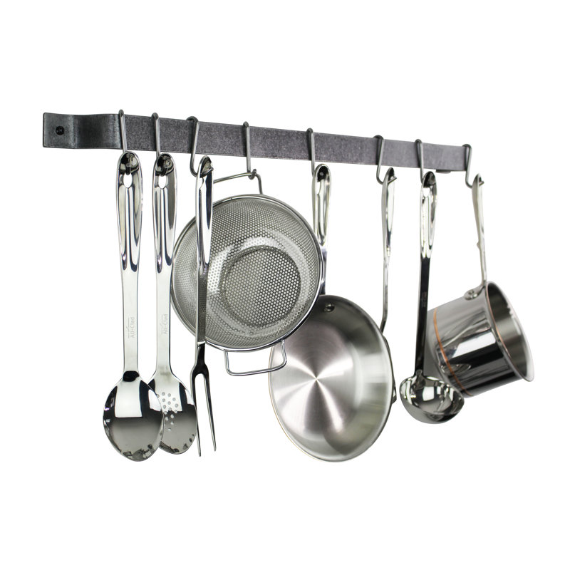 Handcrafted Easy Mount Wall Rack with 6 Hooks, 3" H x 30" W x 3" D, Hammered Steel