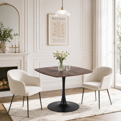 Table de salle à manger carrée tulipe en noyer de 107 cm (42,12 po) pour 2 à 3 personnes, table bistro moderne pour petits espaces avec pied central en métal, plateau en MDF au fini noyer, idéale pour un appartement, un café, un bureau ou un salon.
