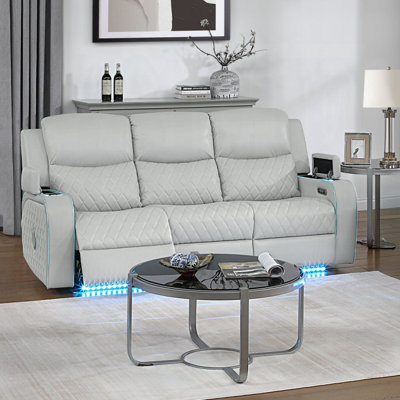 Elonzo Power Motion Reclining Sofa With Power Headrest, LED Lighting, Built-In Speakers & Synthetic Leather Upholstery – Light Gray
