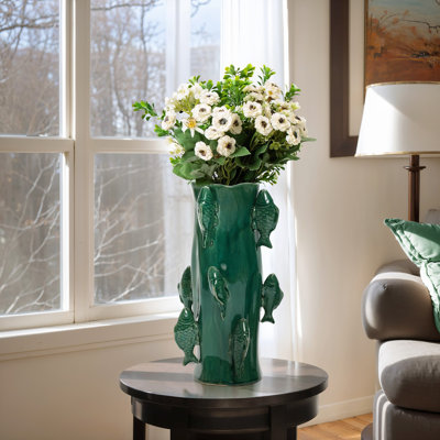 Grand vase en céramique vert marin de 15 pouces avec détail de poisson 3D - Vase de table d'inspiration nautique