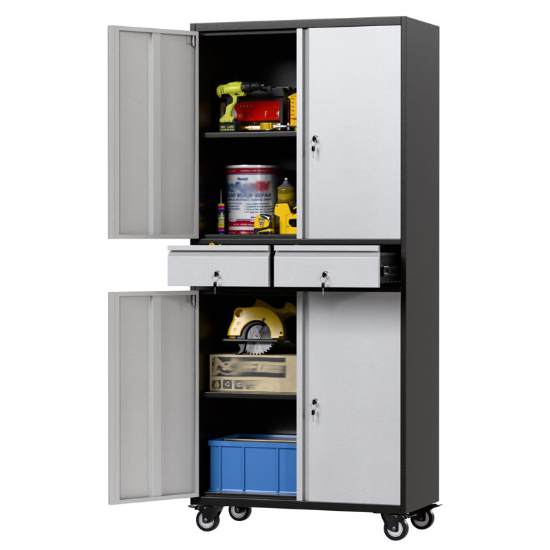 71" H Rolling Tool Storage Cabinet With Pegboard And 2 Drawers,metal Garage Storage Cabinet With Wheels And Doors For Garage, Warehouse,home,required Assembly,Black