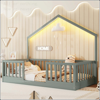 Twin Size Montessori Floor Bed with LED Light and High Rails