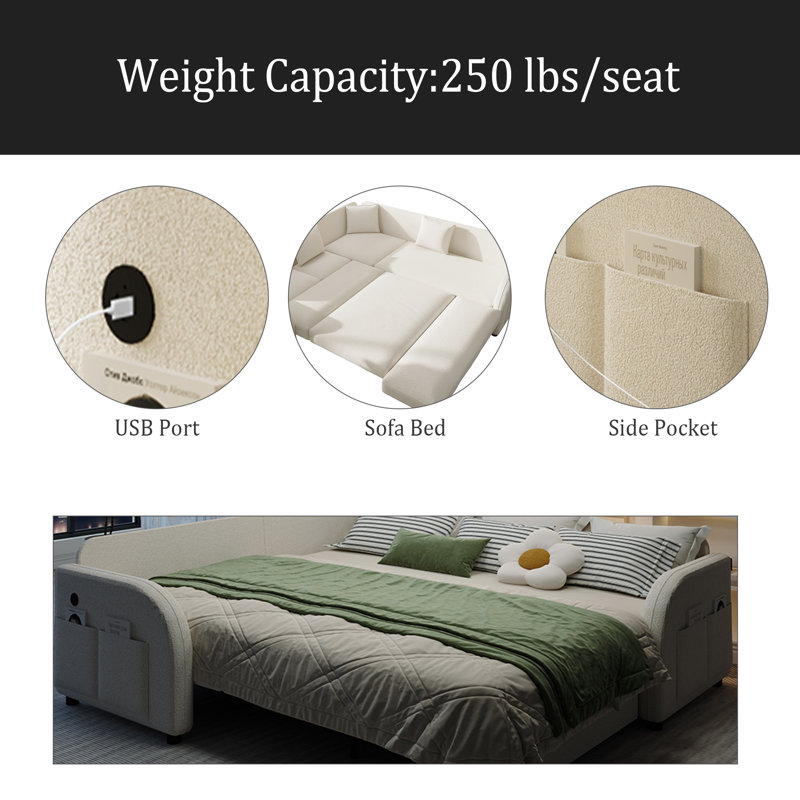 85.1" L-Shaped Sofa Couch With Pull-Out Bed,Oversize Convertible Sleeper Sofa With Side Pocket & USB Port,Teddy Upholstered Sectional Couches, For Living Room, Apartment, Office