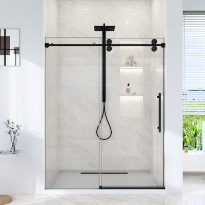 8mm - Glass Single Sliding Shower Door, 44 48"w*76" H, Matte Black Bypass, Rollers, Detachment, Round Track, Waterproof, Bathroom Addition Door With 5/16" 8mm Clear Tempered Glass, Finish, 304