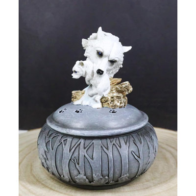 Albino Snow White Wolf Carrying Cub In Mouth Round Decorative Jewelry Box