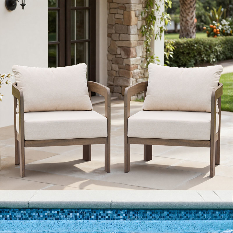 Patio Chairs Set of 2, Modern Accent Club Chairs with 6” Thick Cushions, Beige Cushion/Brown Frame