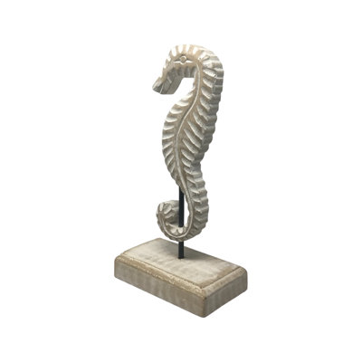 Hippocampe en bois sculpté à la main - blanc délavé