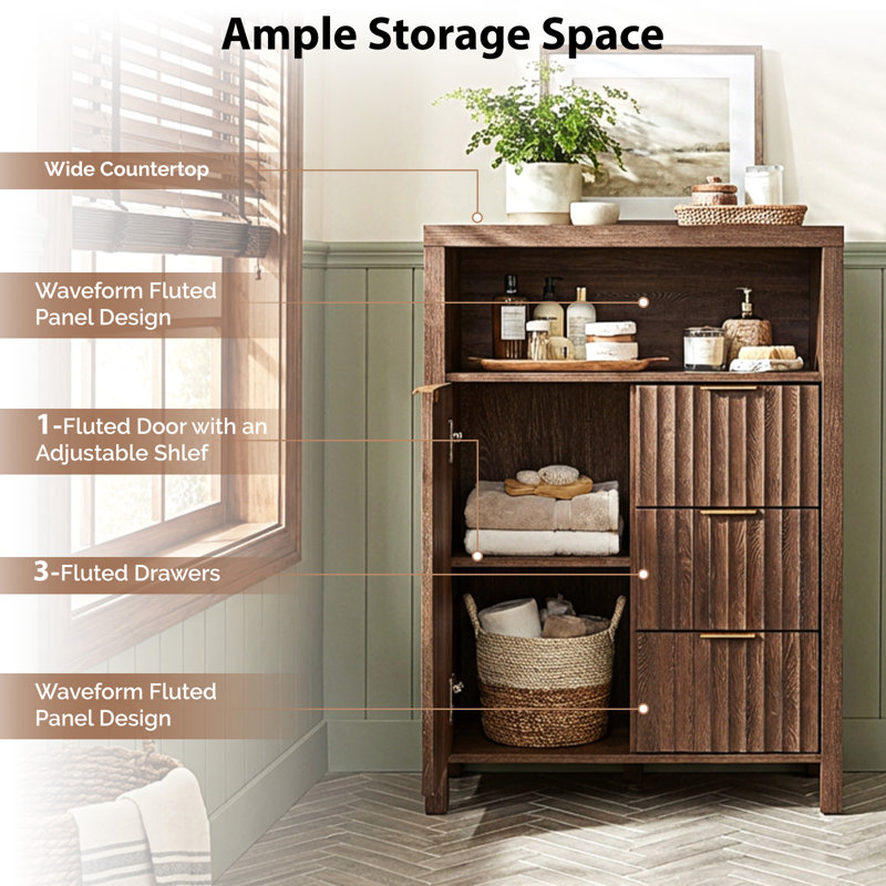Bathroom Cabinet Walnut Grid 1 Door 3 Drawers, Walnut 
