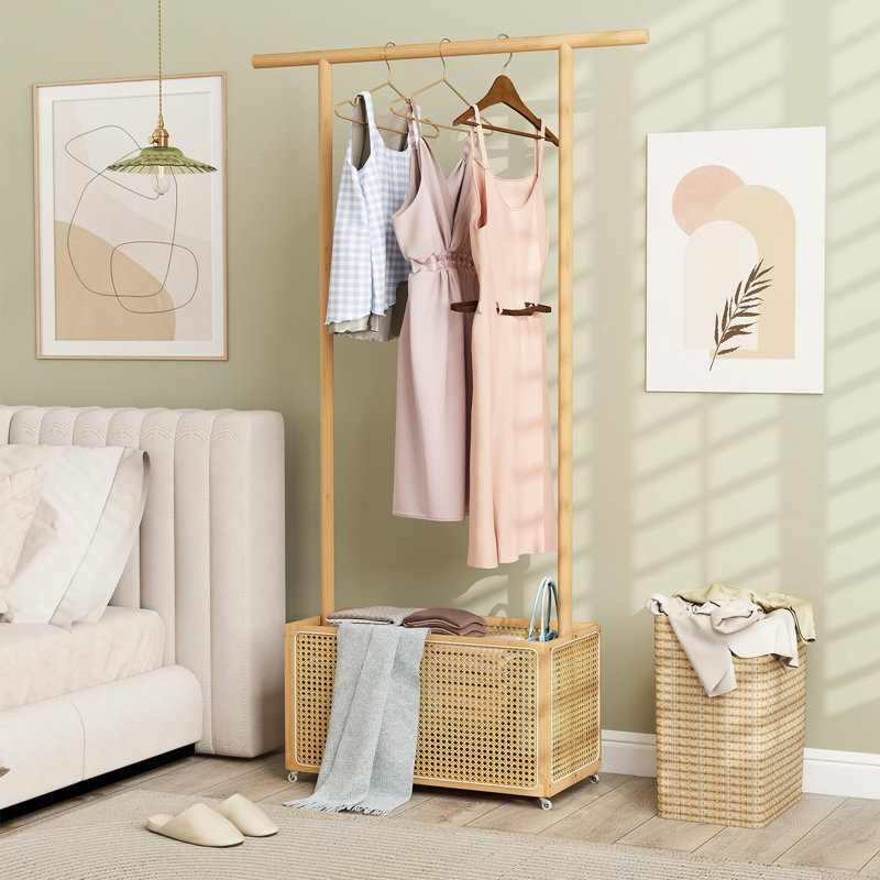 Bamboo & Rattan Mobile Garment Rack with 60L Storage Basket and Lockable Wheels, Natural