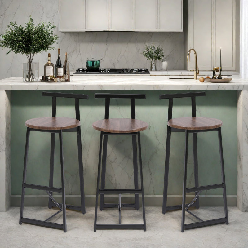 Set Of 3 Bar Stools With Backrest, Footrest And Metal Frame