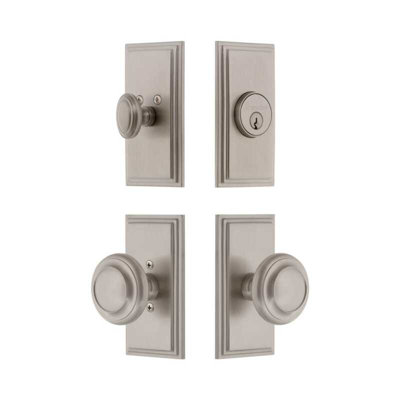Ensemble de petites plaques d'entrée Grandeur Carre avec bouton circulaire en nickel satiné