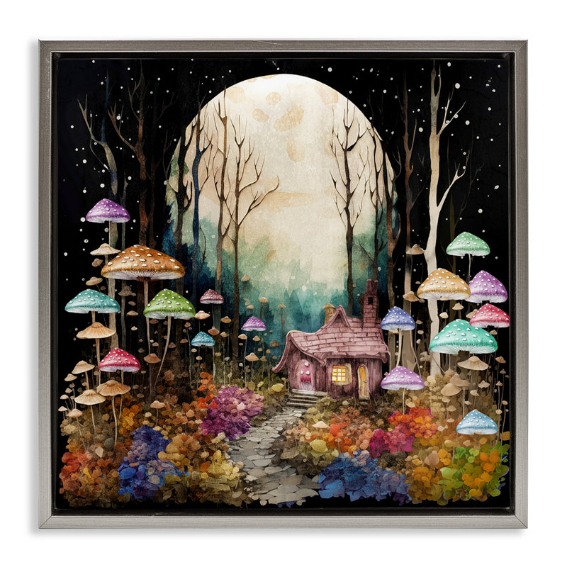 «Quirky Mushroom Forest», art mural sur toile flottante par Sasha, H 18 po x l 18 po, Cadre flottant noir de jais