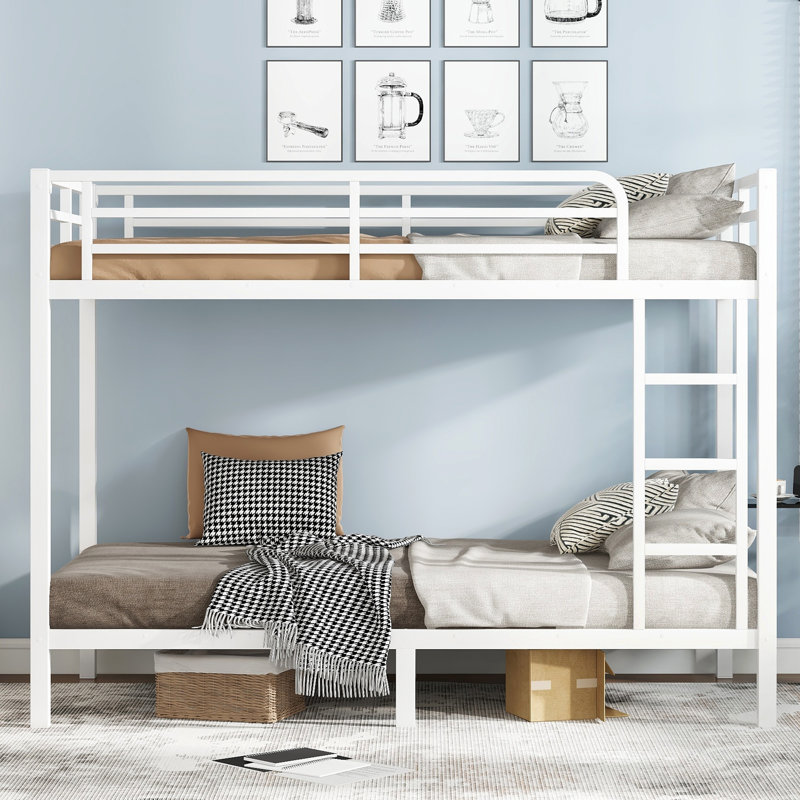 Structure de lit superposé, lit mezzanine en métal robuste, lit superposé en métal avec échelle et garde-corps, aucun sommier nécessaire, noir / blanc
