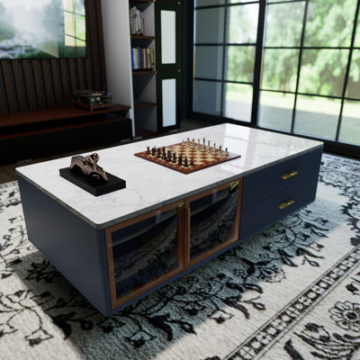 Modern Navy Blue Coffee Table With 2 Glass Door Storage, 4 Drawers, Gold Metal Legs And Multi-Color Lighting 47.2 Inch