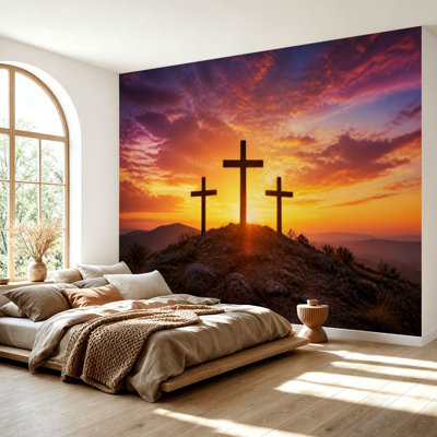 Wall Mural Peel and Stick Wallpaper Crucifixion Christ Sunrise Three Crosses Self-Adhesive Removable Contact Paper Wall Decor for Living Room Bedroom 100"H x 144"W