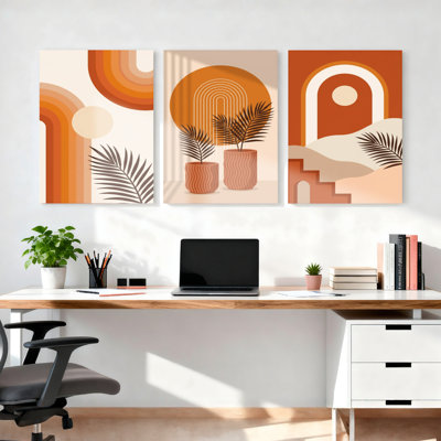 Ensemble de 3 tableaux sur toile à motifs géométriques abstraits de soleil et de feuilles de palmier, pour la décoration du salon, de la chambre ou du bureau.