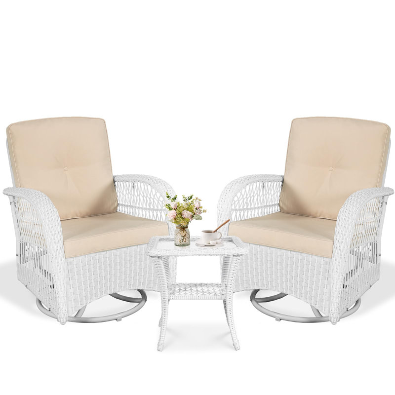 Bay Isle Homeâ„¢ 3-piece Outdoor Conversation Bistro Set, Patio Swivel Glider Rocking Chairs Rattan Furniture Sets W/ 2 White Rattan Chairs, Glass Top Side Table For Porch Backyard, Cushions