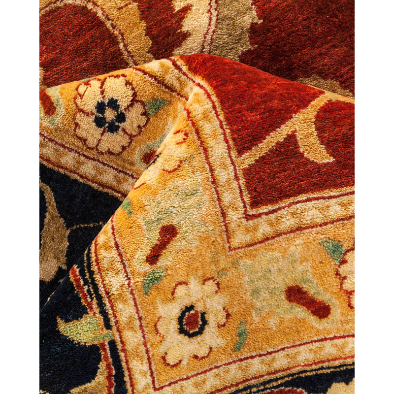 Tapis jaune / bleu / rouge en laine noué à la main de conception unique 12 pi 3 po x 17 pi 4 po Ohlone