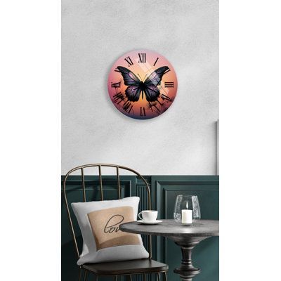 Modern Nature Scene with Purple Butterfly 24'' Round Tempered Glass Silent Wall Clock