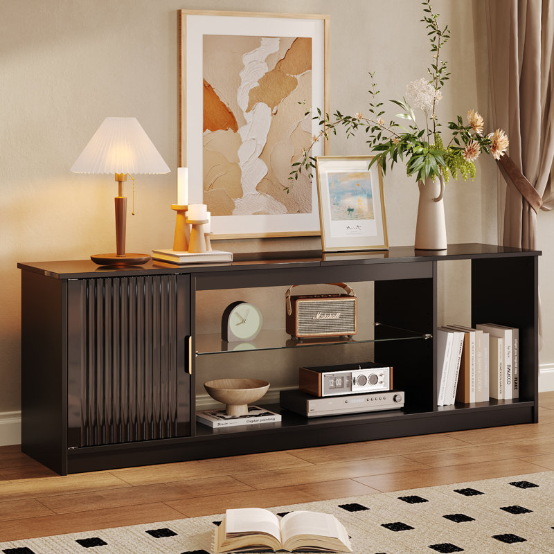 57" Modern Media Console with Adjustable shelf, LED Fluted TV Stand for 65 Inch TV, Glossy TV Console with Cabinet , Black