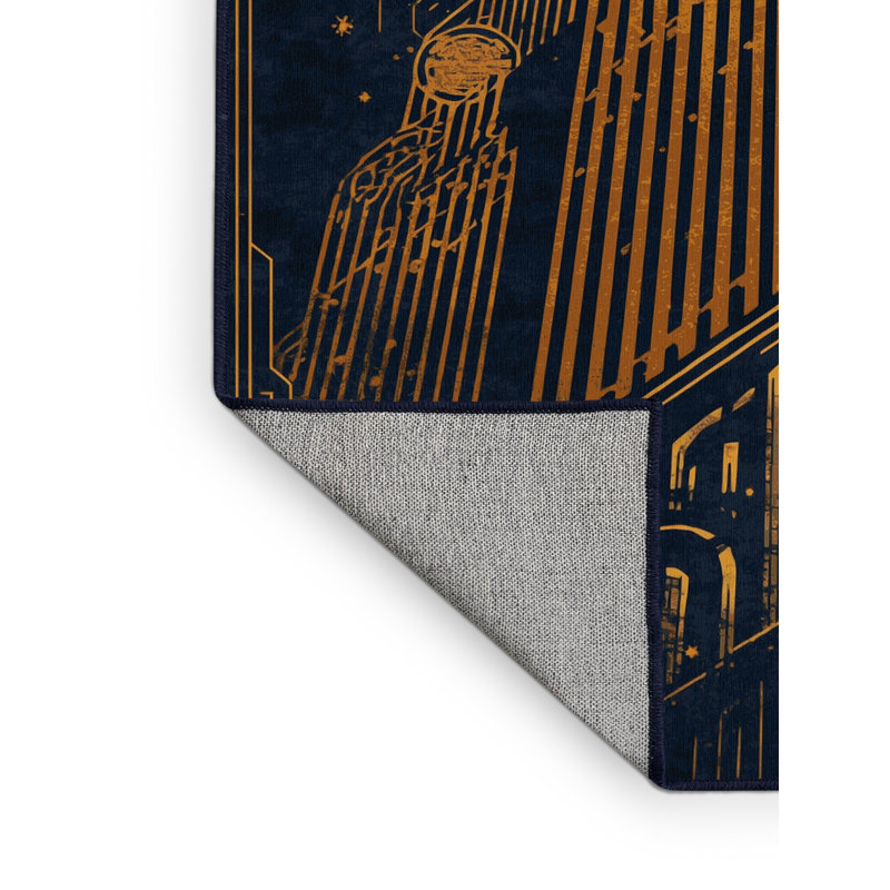 Tapis art déco lavable à la machine Alan Magic Tower - gris - reliure marine, 7 x 10