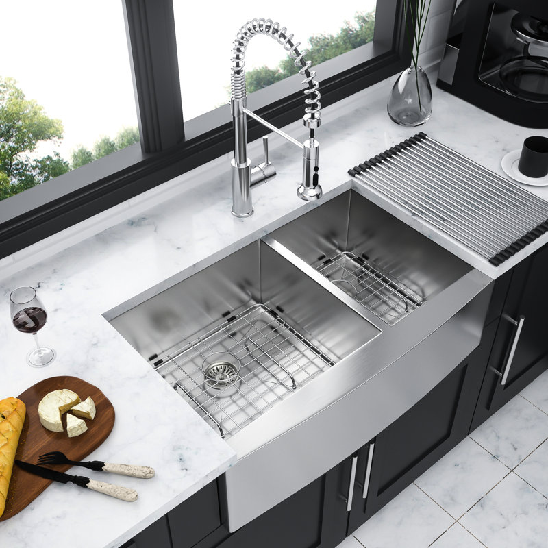 16 Gauge 36" Double Bowl  60/40  Apron Front Stainless Steel Kitchen Sink, X - Shaped Water Guide For Smooth Flow, 3Mm Pad, Brushed Nickel, Package With Drain Assembly And Installation Clips Sink 9"