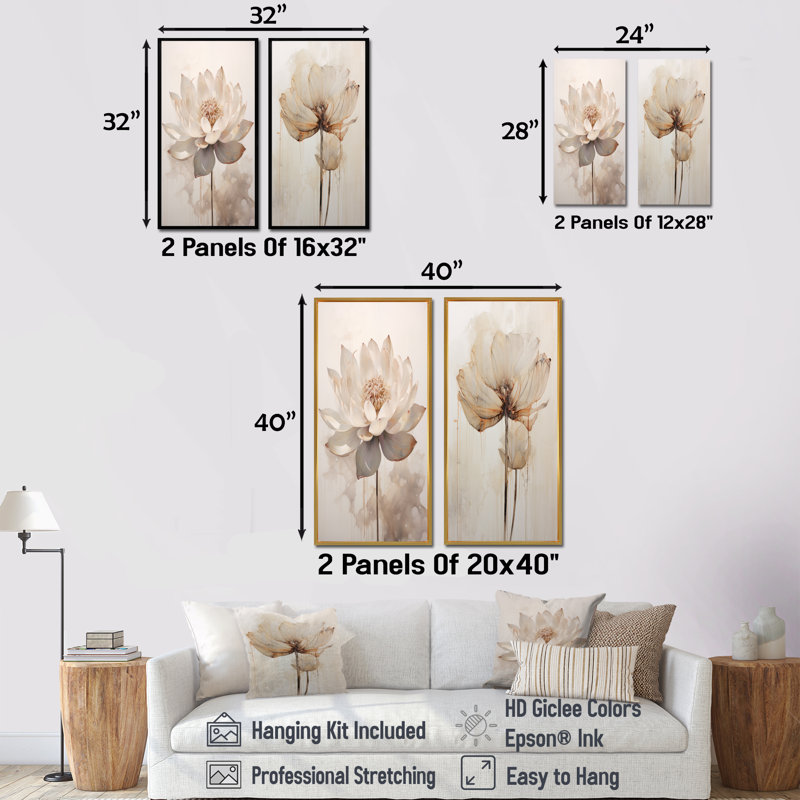 «Beige Lotus Reflections», ensemble d'art mural sur toile Lotus, H 28 po x l 25 po, Toile tendue