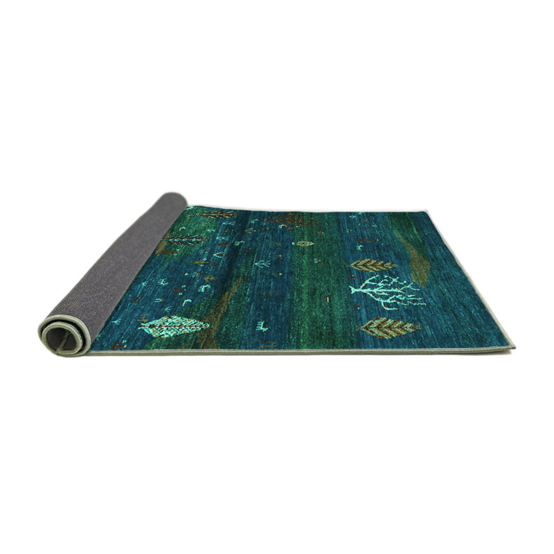 Tapis bleu / vert foncé en laine et en polyester tissé à la machine Eklavya, Carré 4 pi