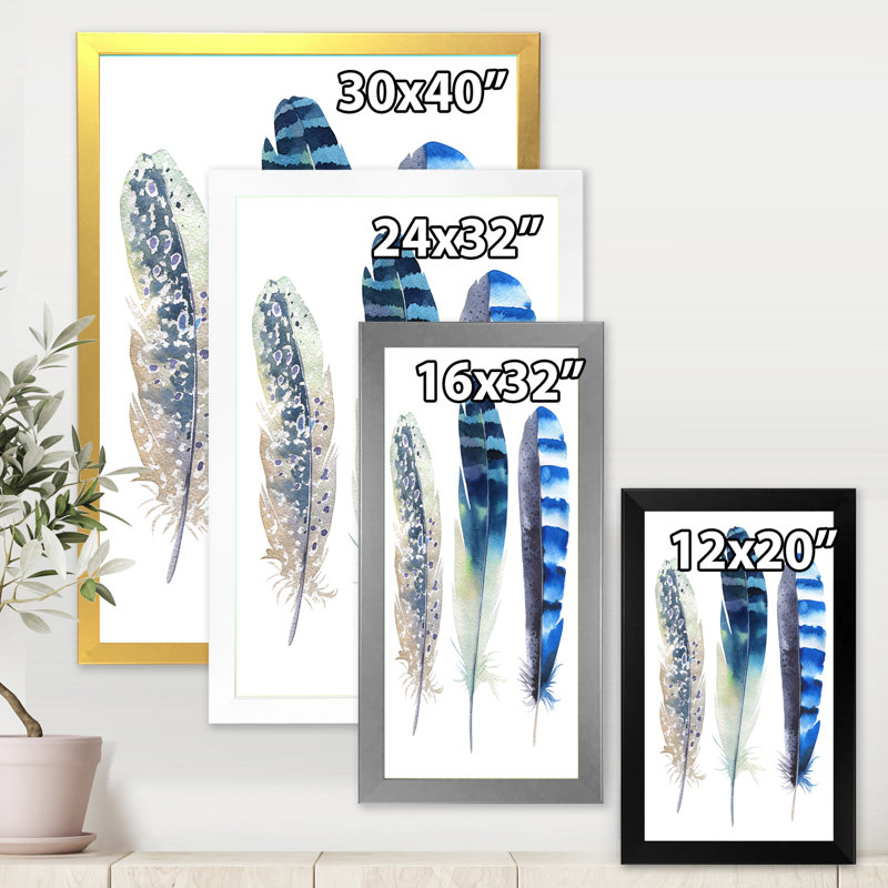 Boho Feathers I - reproduction d'art sur toile, Cadre blanc, H 32 po x l 24 po x P 1 po