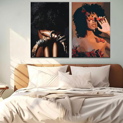 Framed Modern Abstract African American Women Wall Art (Set Of 2), Canvas HD Print, Bohemian Black Girl With Energetic Butterfly Decor, Black Inspirational Contemplative Poster, Meditation Inspirational & Trendy Print, Living Room, Bedroom, Bathroom, Off