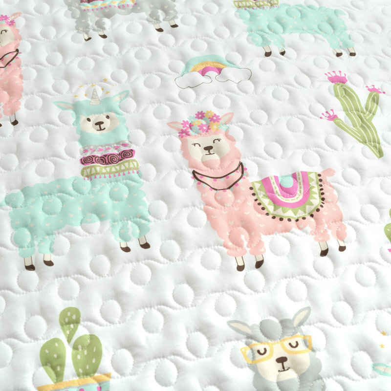 Southwest Llama Cactus Reversible Quilt Set, White/Blush, Twin Quilt + 1 Sham + 1 Pillow