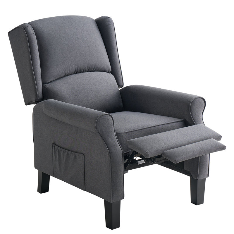 Fauteuil inclinable avec accoudoirs avec poches latérales, pieds en bois et lin, Gris